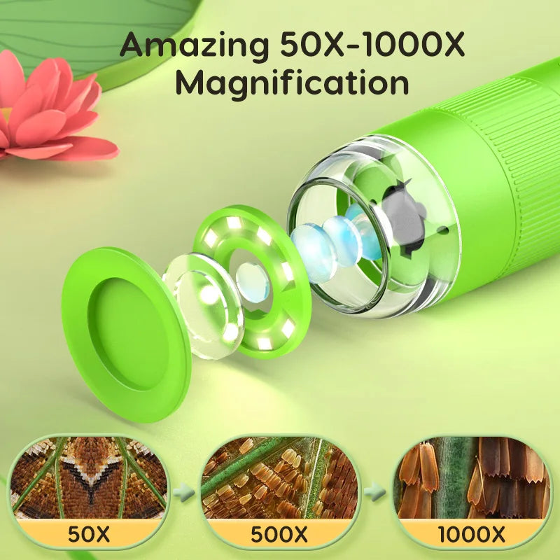 RIEVBCAU Handheld Digital Microscope with 2" IPS Screen 1000x Microscope for Kids Coin Microscope with 8 Leds PC View (CM4)