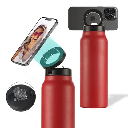 Insulated Water Bottle Compatible MagSafe Water Bottle With Phone Holder,Stainless Steel Water Bottle With Magnetic Phone Tripod